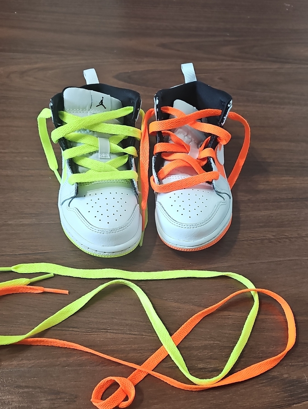 Jordan Kids' White High-Top Sneakers with Neon Yellow and Neon Orange Laces